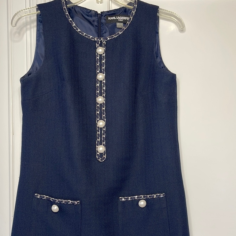 Karl Lagerfeld elegant women’s dress navy blue with pearl and chain detail